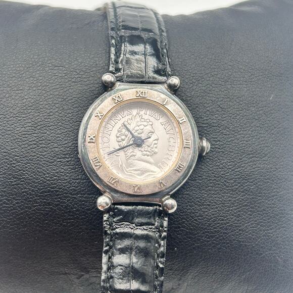 Vintage Carolee Antoninus Pius Black Leather Women’s Watch Working New Battery - Picture 1 of 8